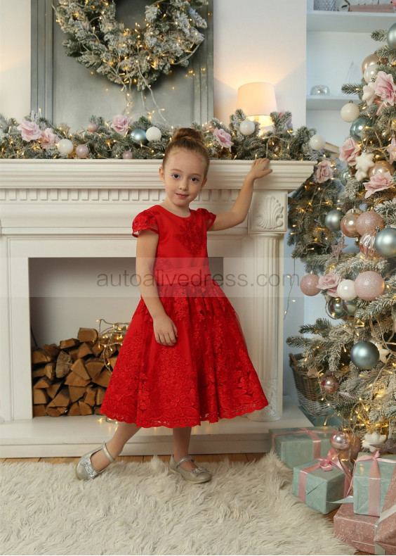 Cap Sleeves Red Lace Flower Girl Dress Christmas Dress